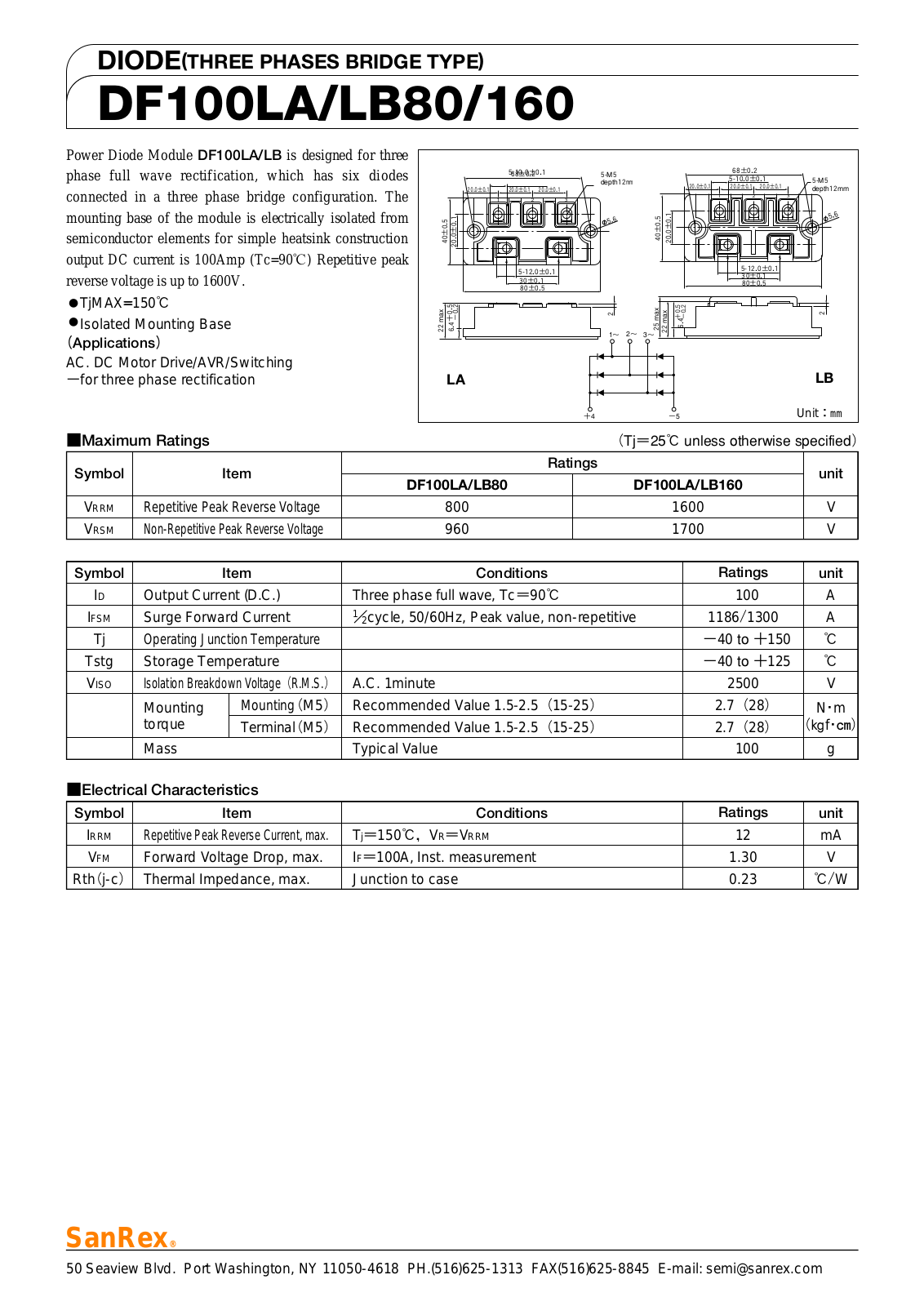 Sanrex-Sansha Electric Manufacturing DF100LA80, DF100LA160, DF100LB80, DF100LB160 Data Sheet