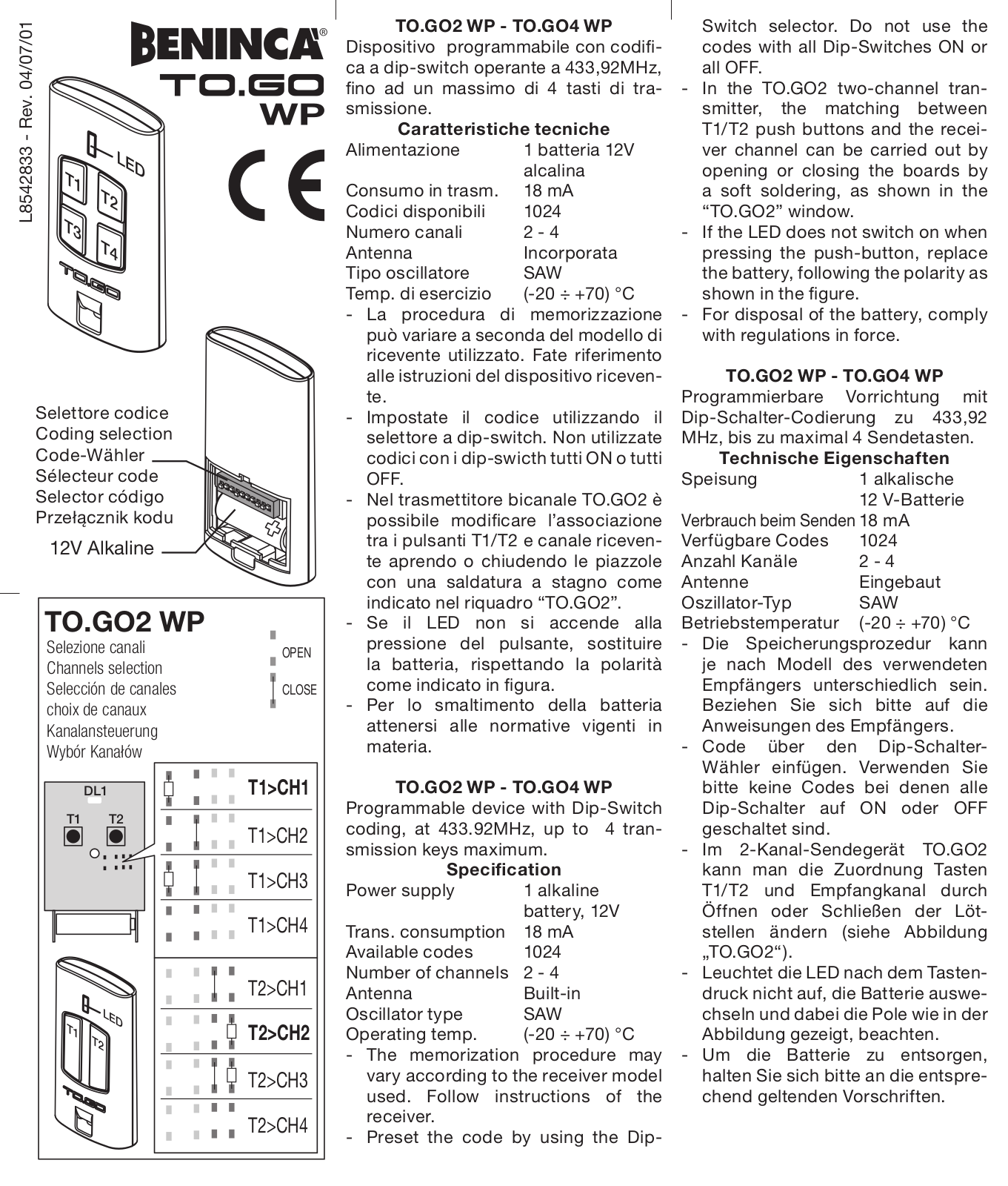 Beninca TO.GO WP User Manual