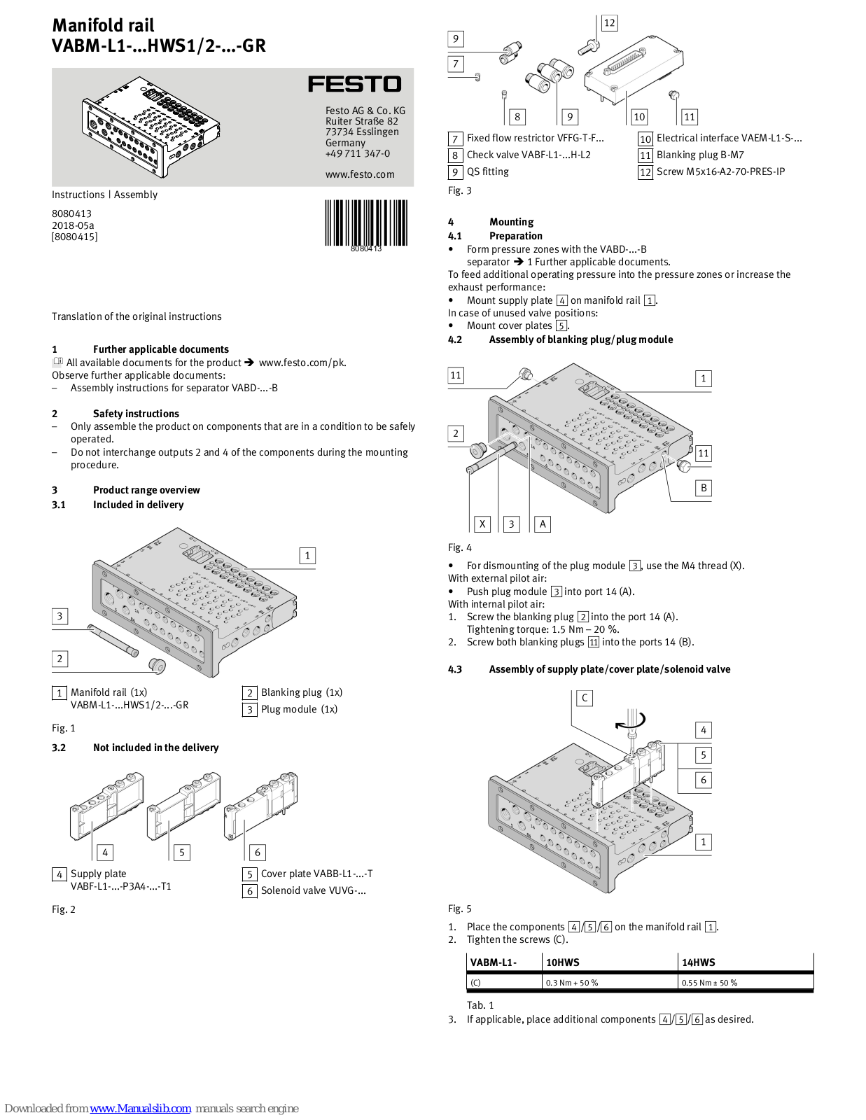 Festo VABM-L1-***HWS1-***-GR Series, VABM-L1-***HWS2-***-GR Series Instructions & Assembly