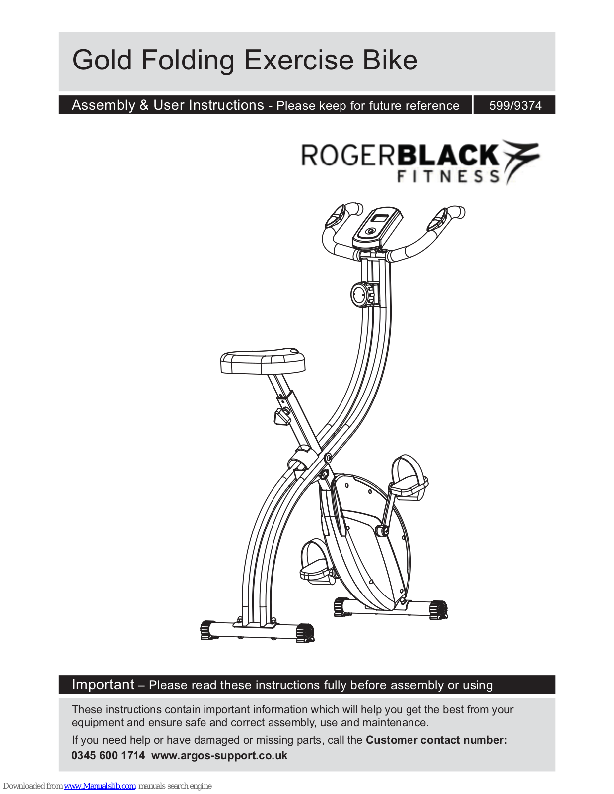 Rogerblack Gold Folding Exercise Bike Assembly & User Instructions