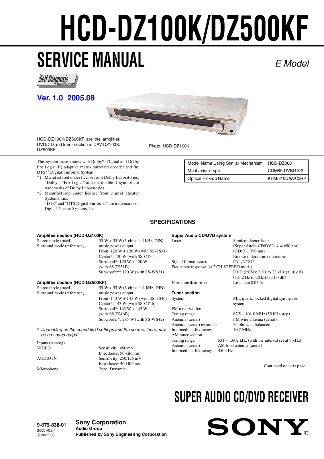 Sony HCD-DZ100K, HCD-DZ500KF Service Manual