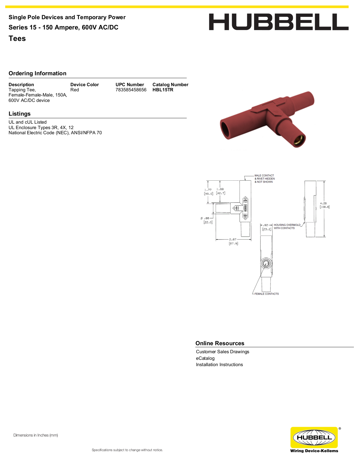 Hubbell HBL15TR Specifications