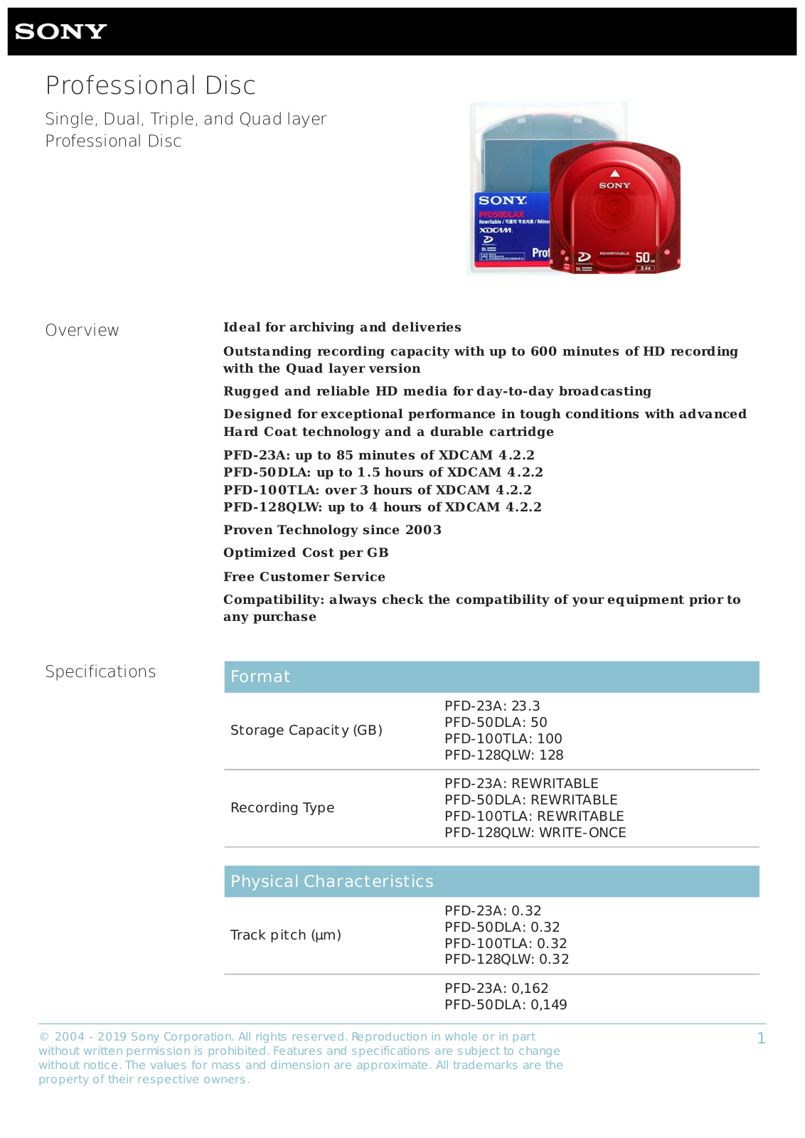 Sony PFD50DLAX Data Sheet