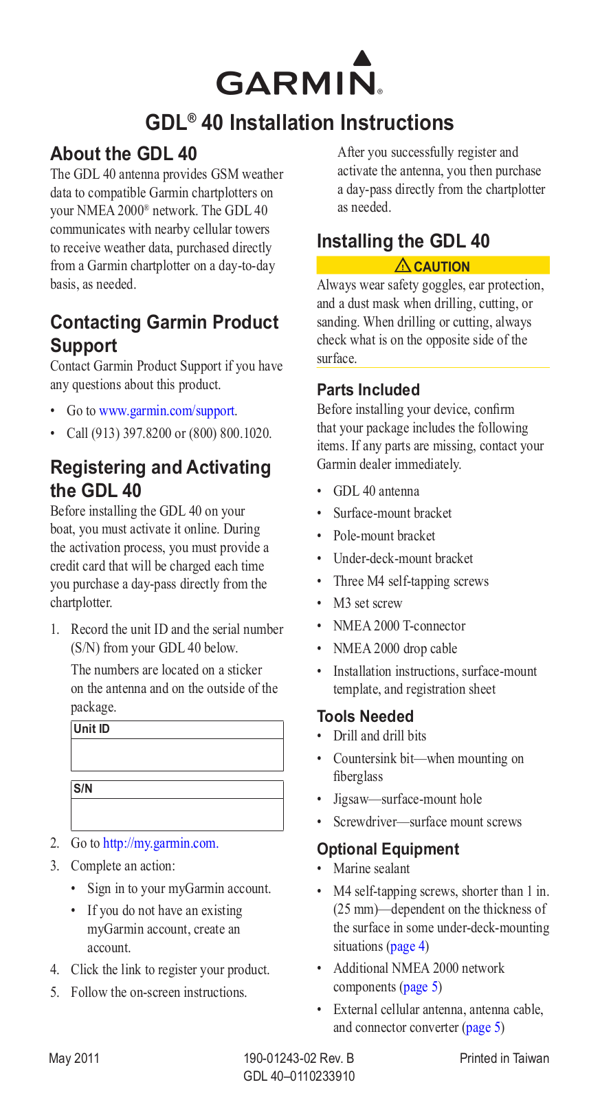 Garmin GDL 40, U.S., GDL 40, Canada, GDL 40, Europe Installation Instructions