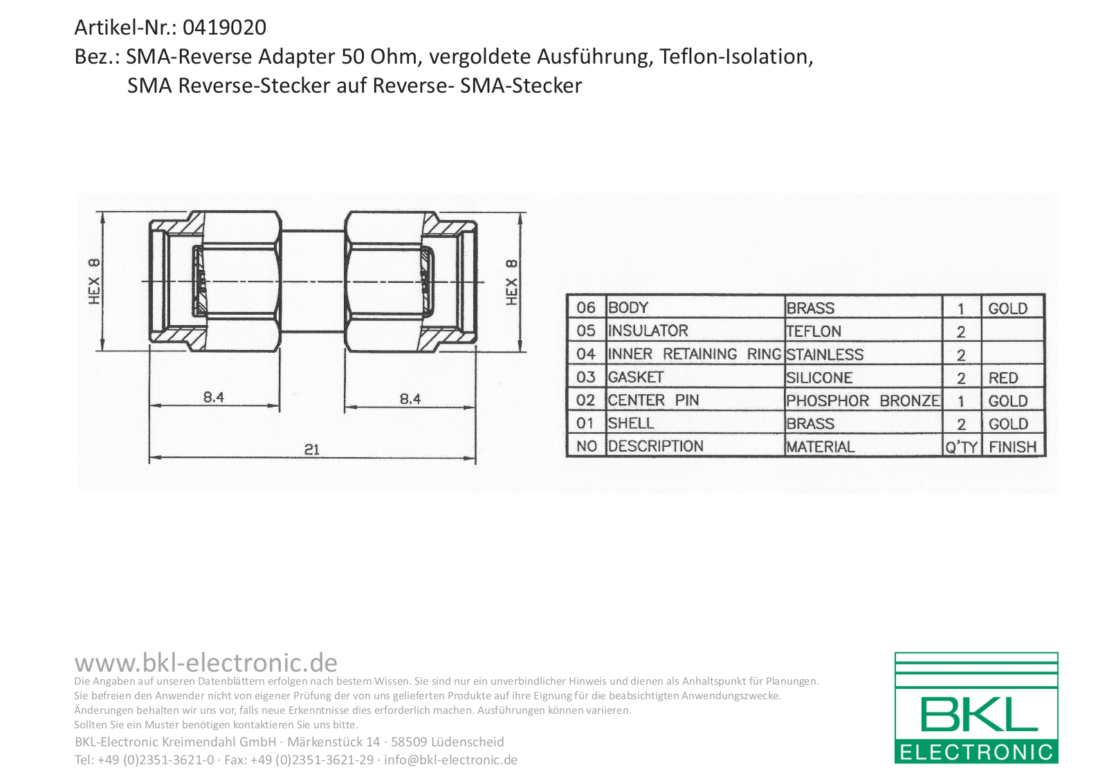 BKL SMB REV ST-174, SMA REV ST-ST Datasheet - ManualMachine.com