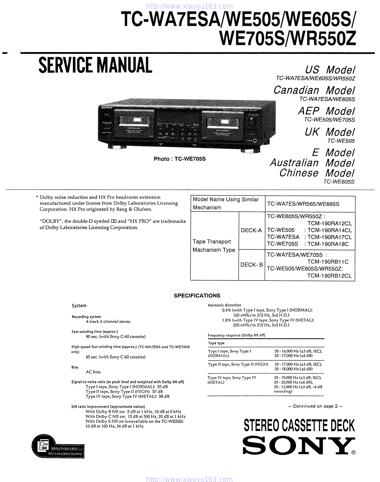 Sony TC-805S, TC-705S, TC-WR550Z, TC-WE505-2 User Manual