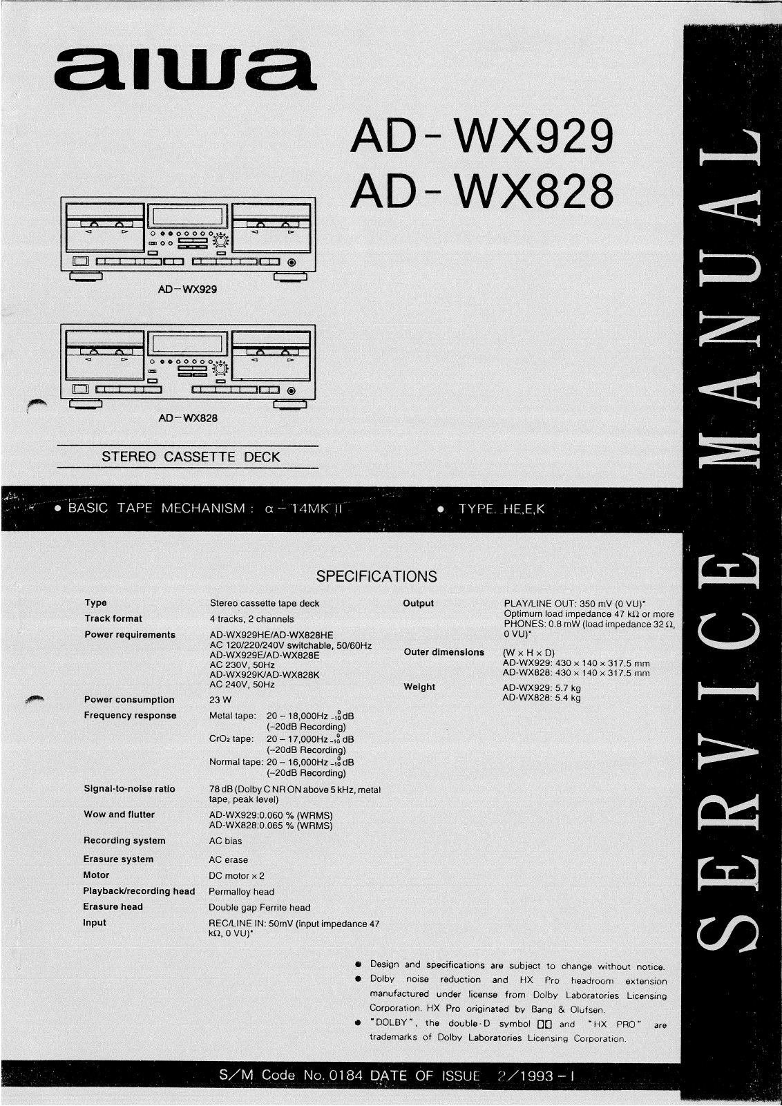 Aiwa ADWX-828, ADWX-928 Service manual