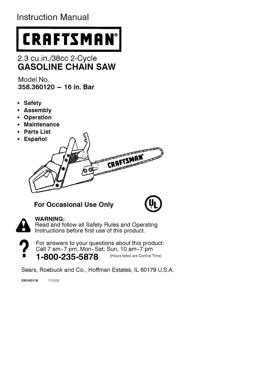 Craftsman 358360120 Owner’s Manual