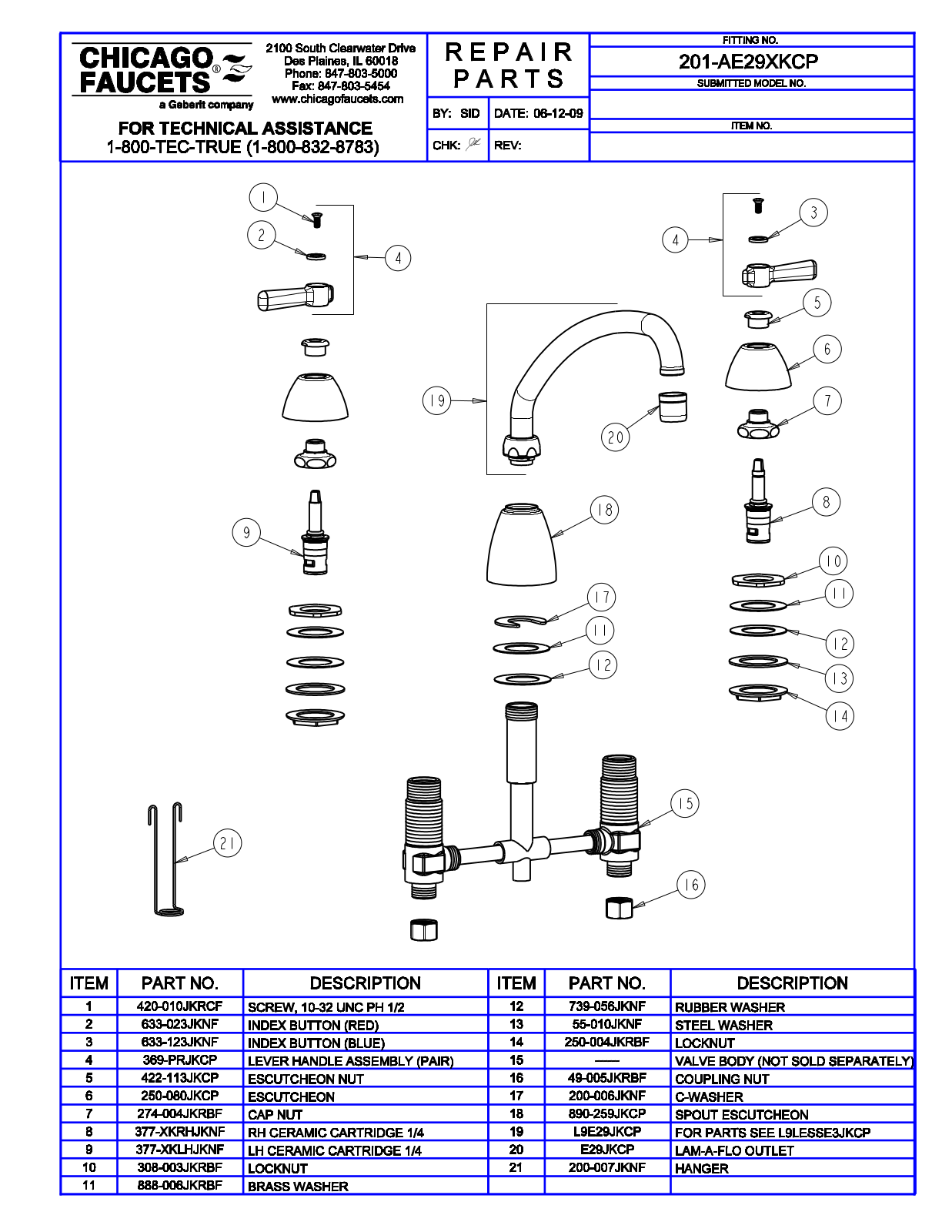 Chicago Faucet 201-AE29XK Parts List