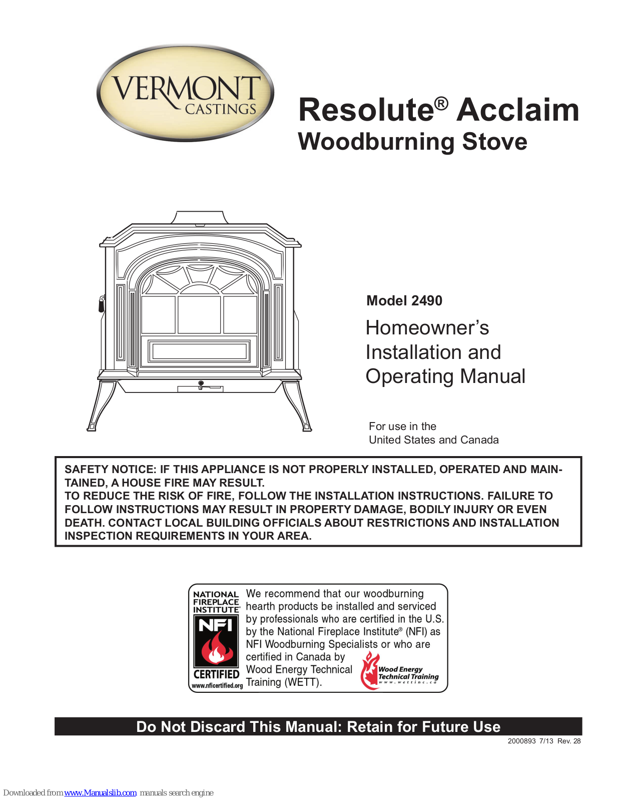 Vermont Castings Resolute Acclaim 2490 Homeowner's Installation And Operating Manual