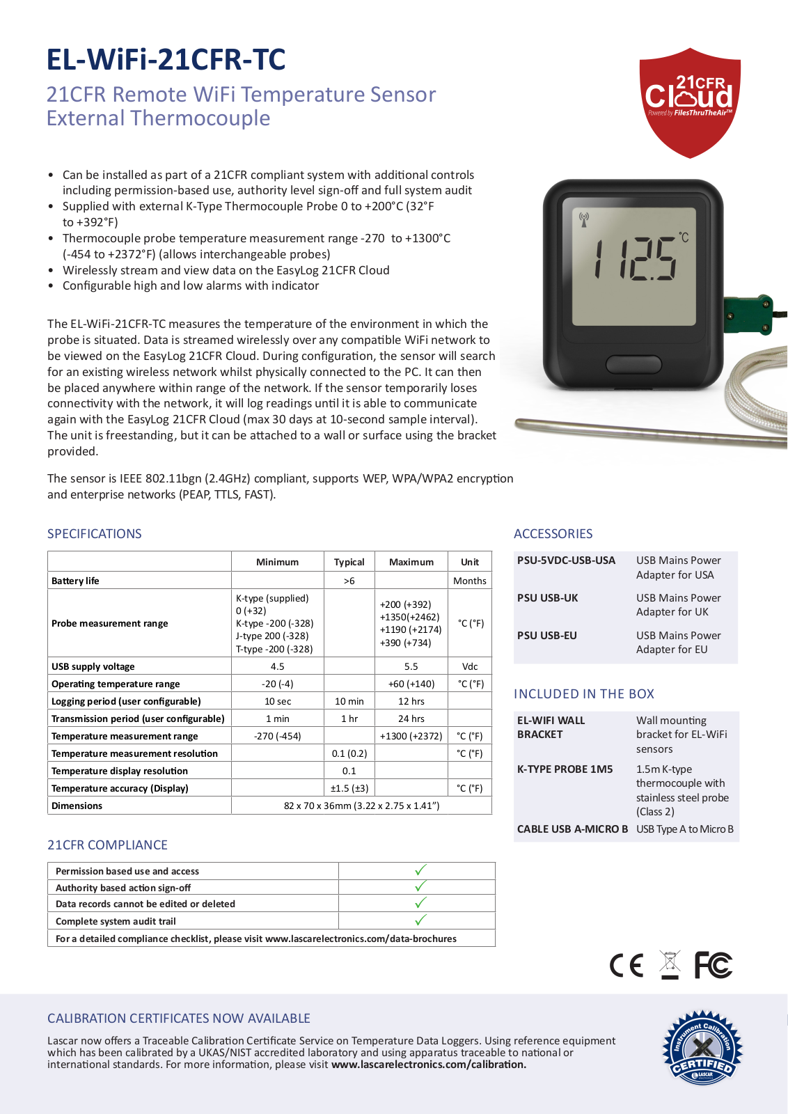 Lascar EL-WIFI-21CFR-TC Data Sheet