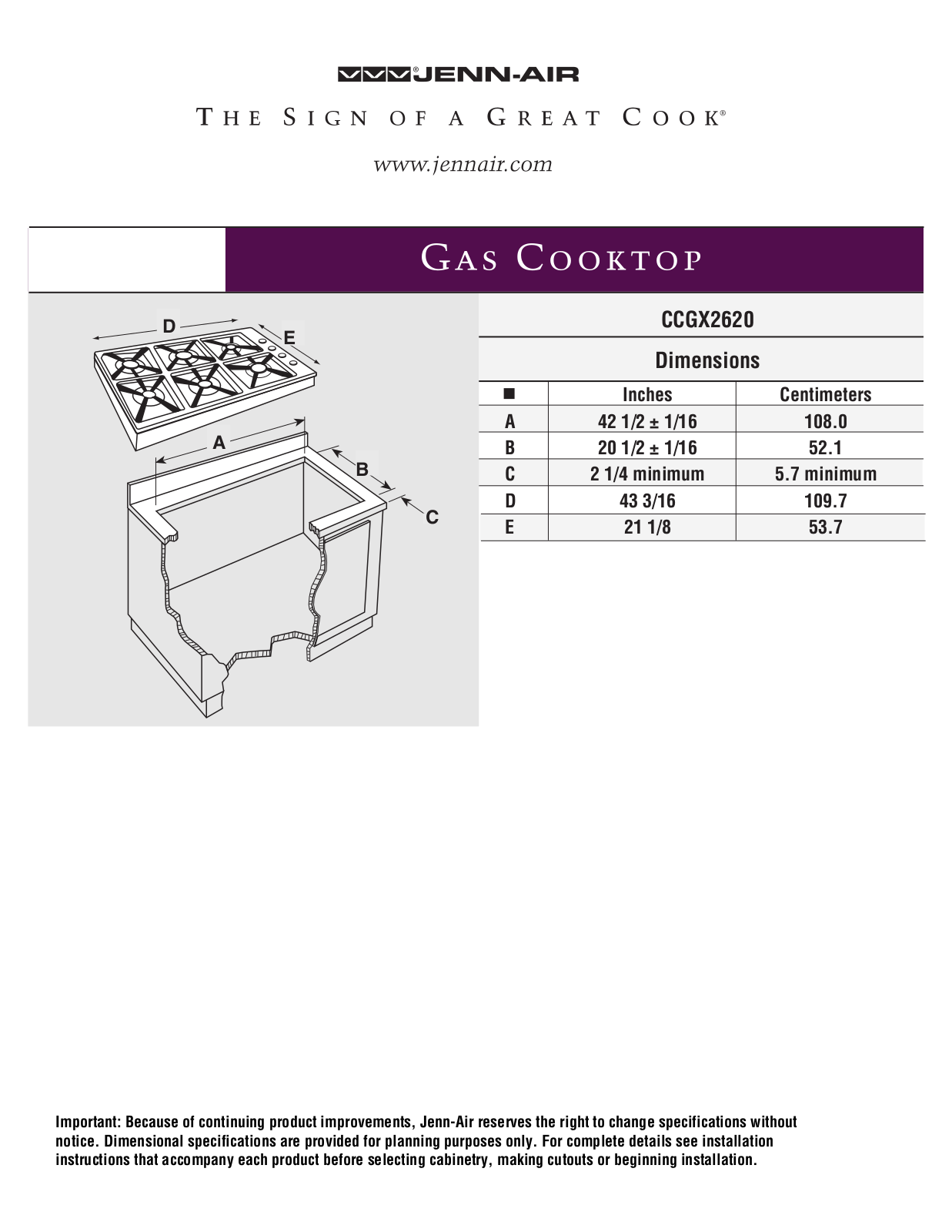 Jenn-Air CCGX2620 Dimension Guide