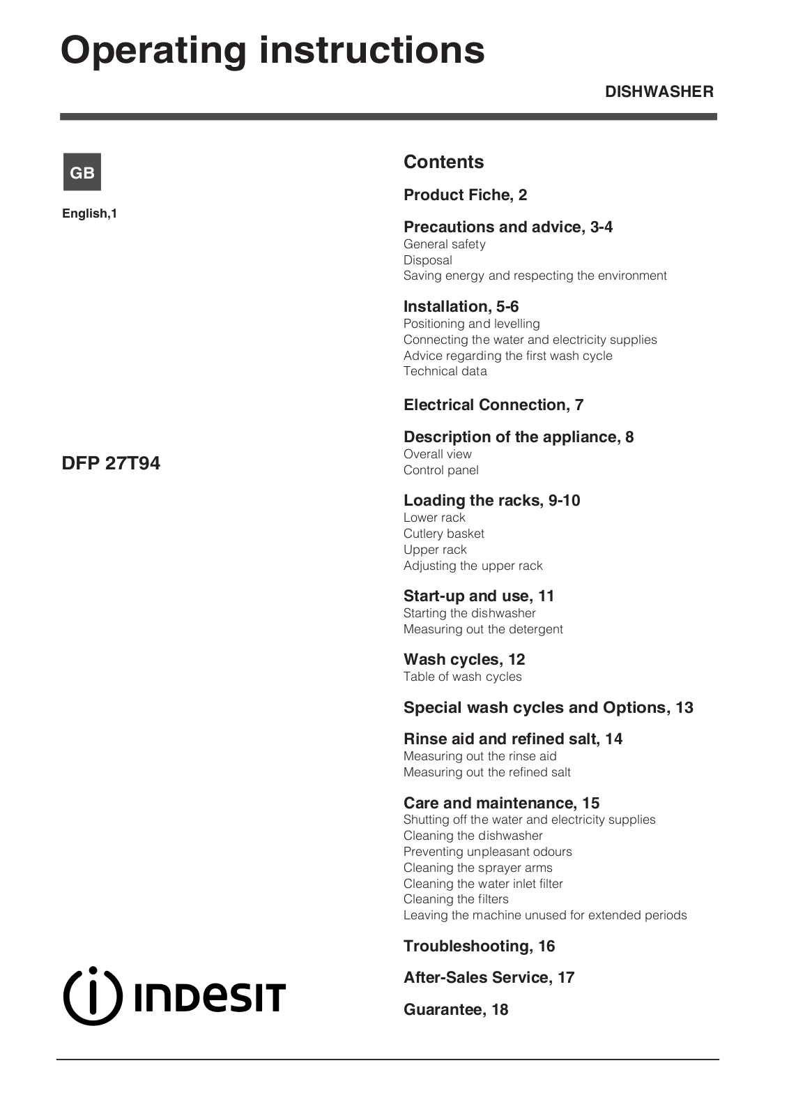 Indesit DFP27T94A Operating Instructions