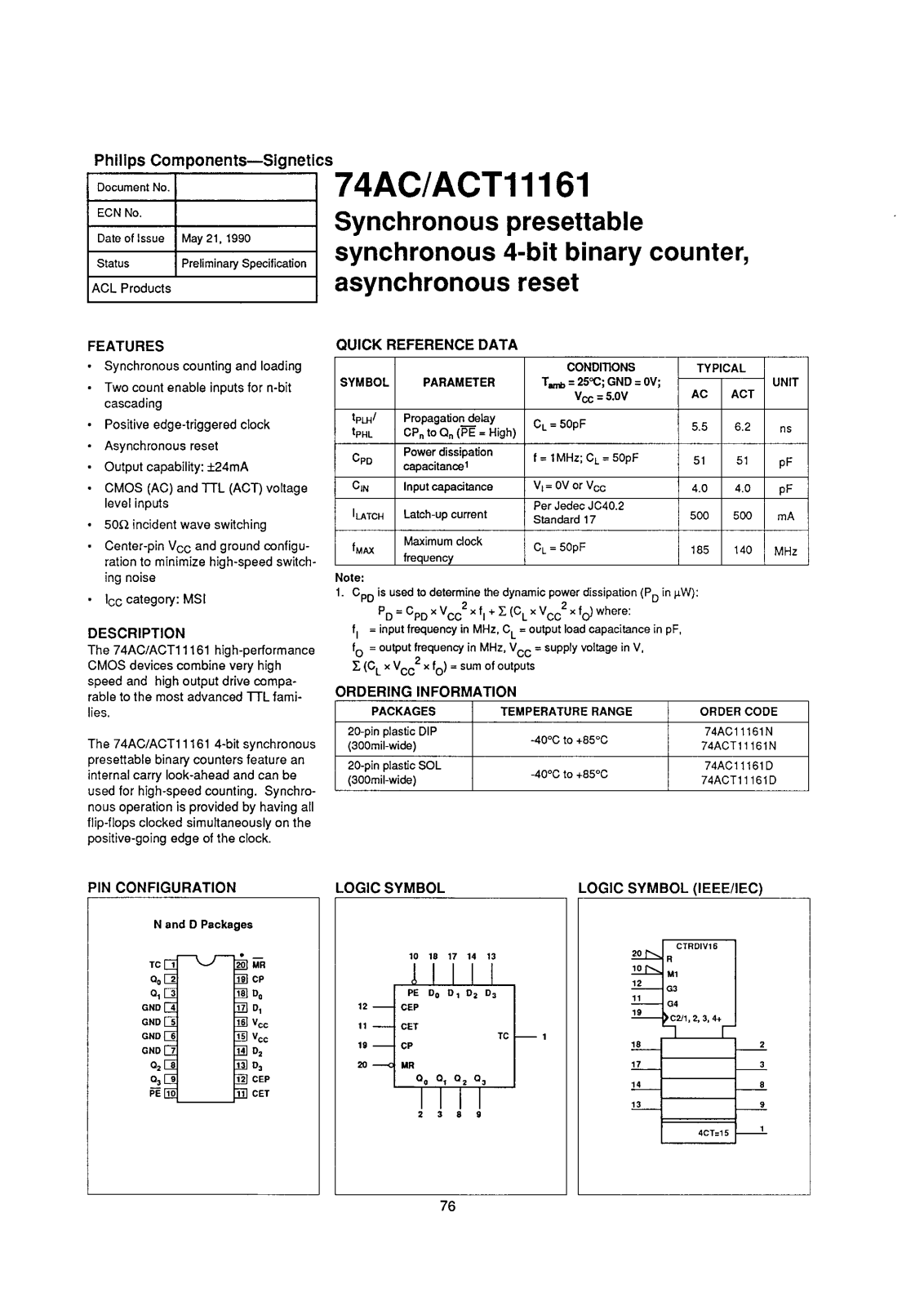 Philips 74ACT11161N, 74ACT11161D, 74AC11161N, 74AC11161D Datasheet