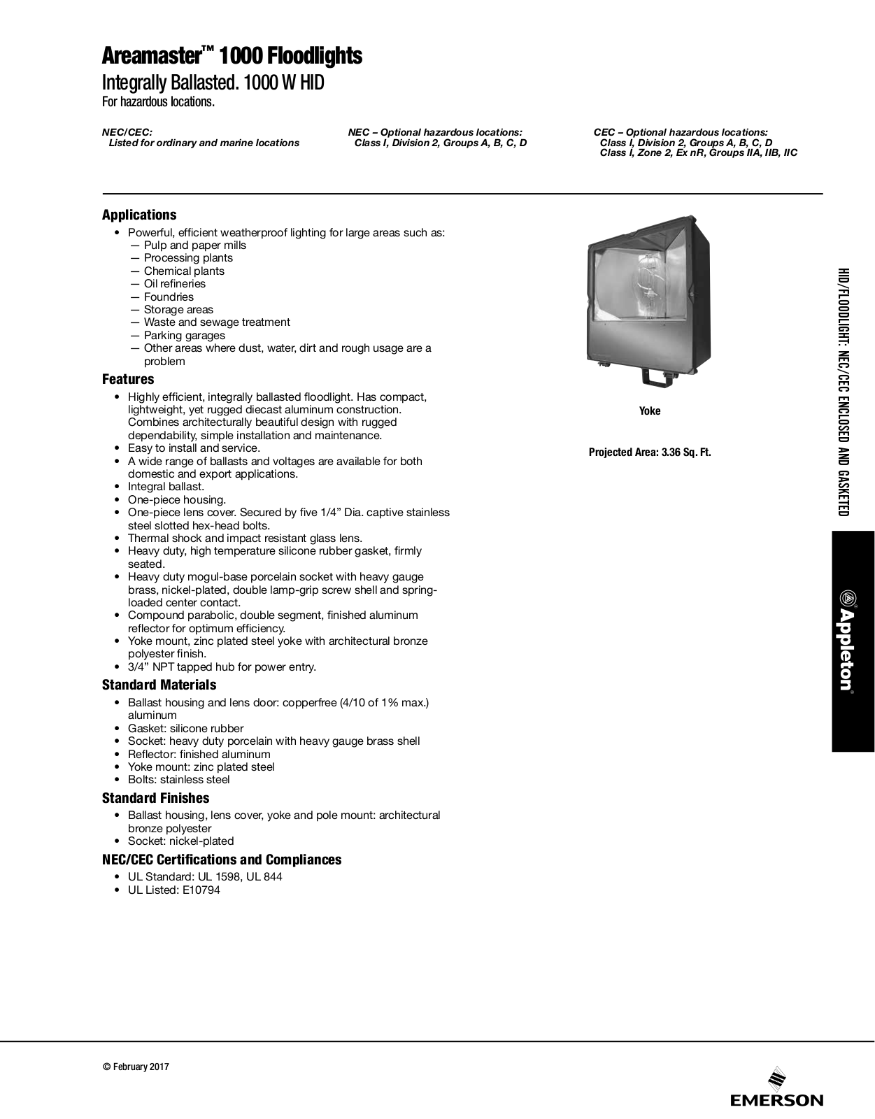 Appleton Areamaster™ 1000 Floodlights Catalog Page