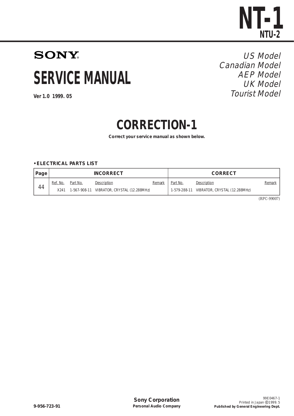 Sony NT-1, NTU-2 Service Manual