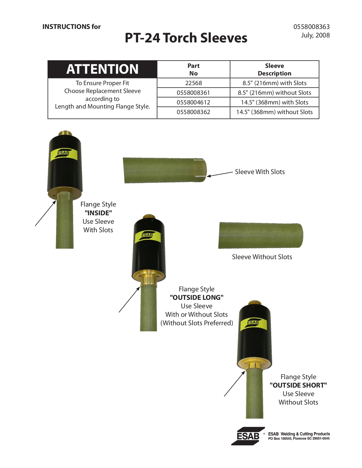 ESAB PT-24 Torch Sleeves Troubleshooting instruction