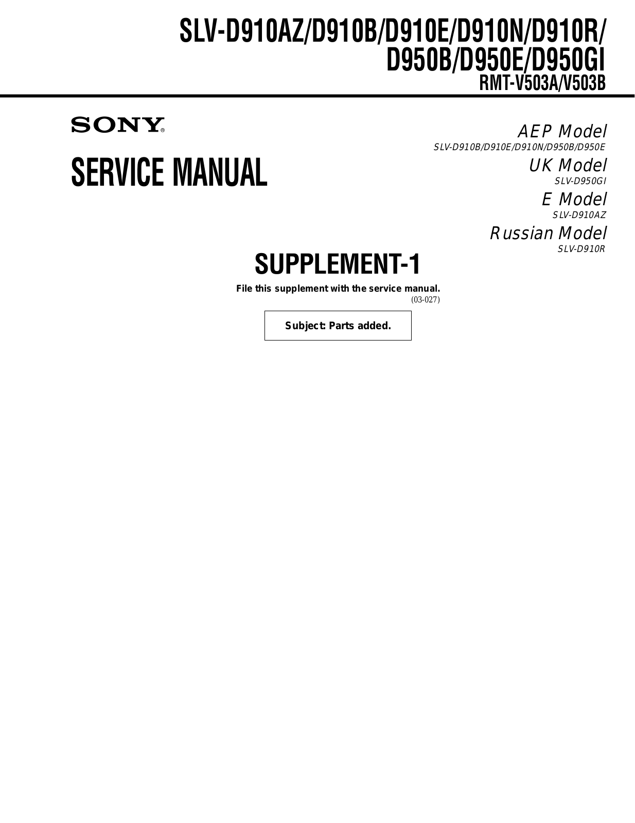 SONY SLV-D910AZ, SLV-D910B, SLV-D910E, SLV-D910N, SLV-D910R Service Manual