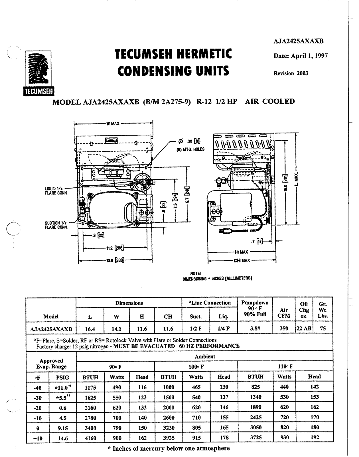 Tecumseh AJA2425AXAXB Performance Data Sheet