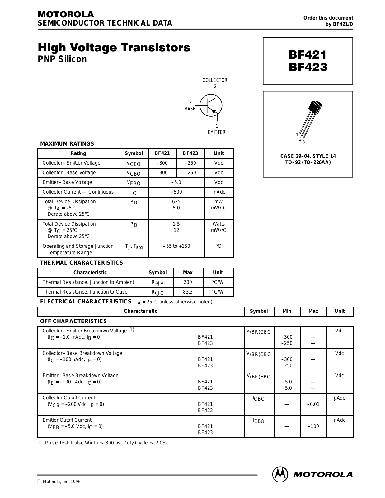 Motorola BF423, BF421 Datasheet