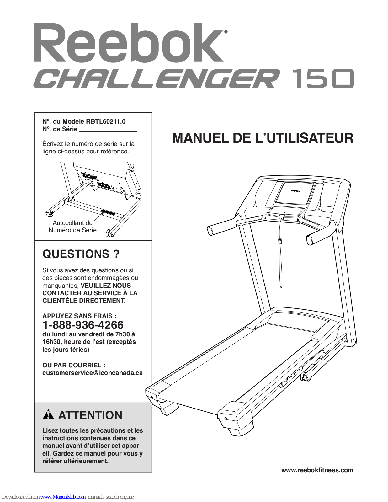 Reebok Challenger 150 Treadmill, RBTL60211.0 Manuel De L'utilisateur