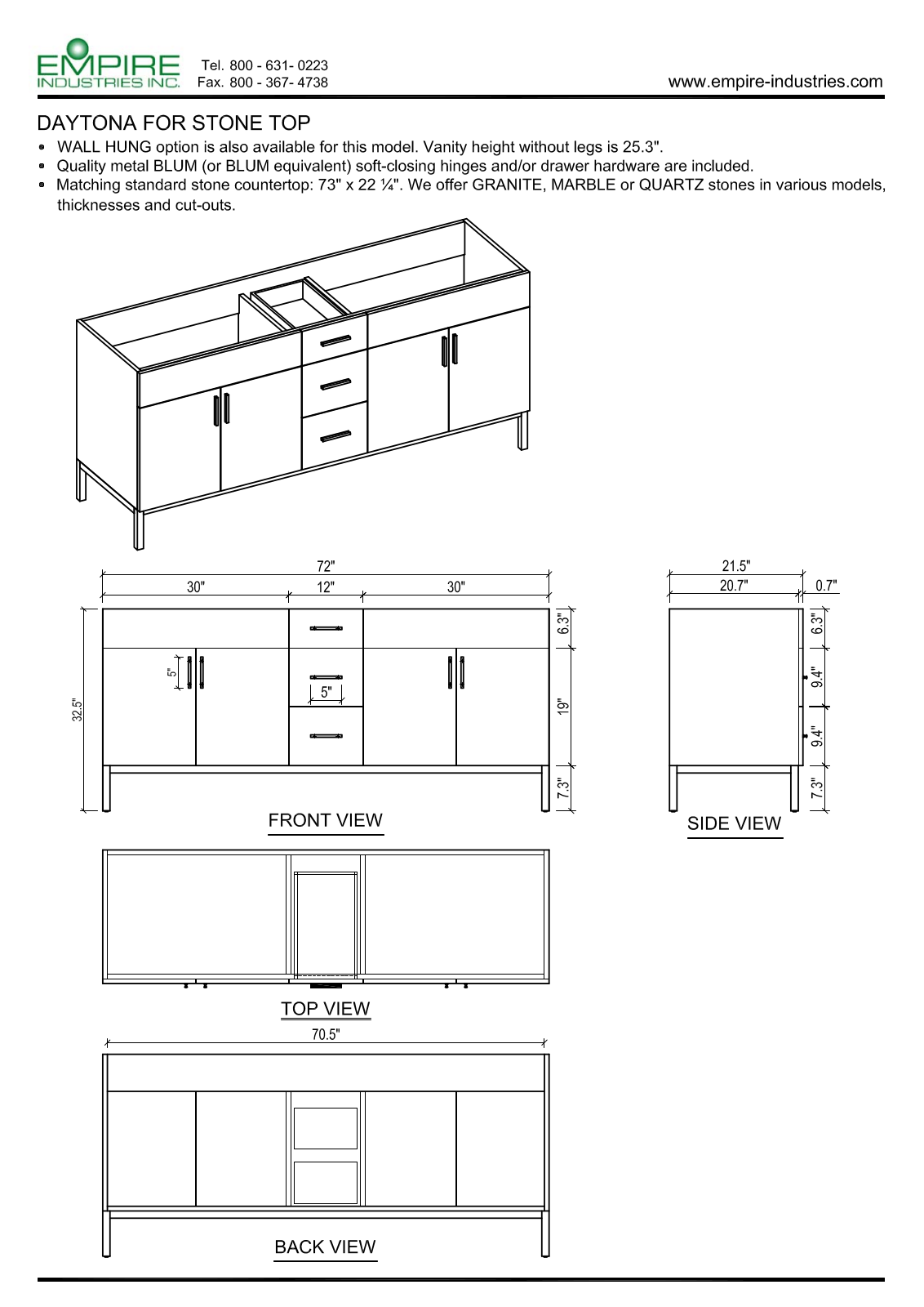 Empire Industries DS7243WMS, WDS7243BNP Specs