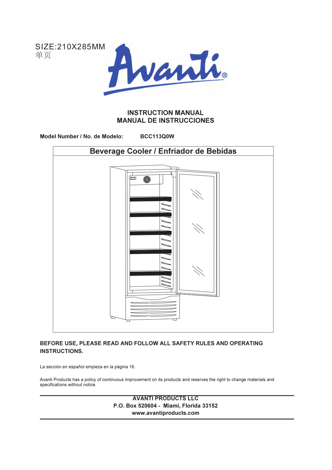 Avanti BCC113Q0W Instruction Manual