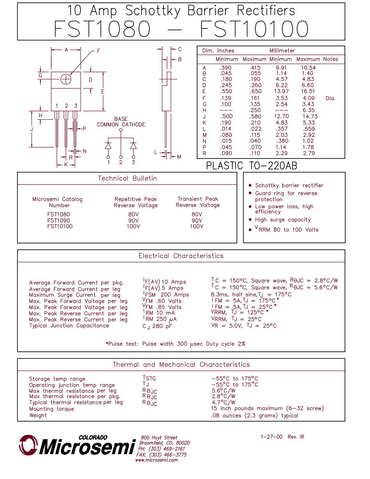 Microsemi Corporation FST10100, FST1090, FST1080 Datasheet