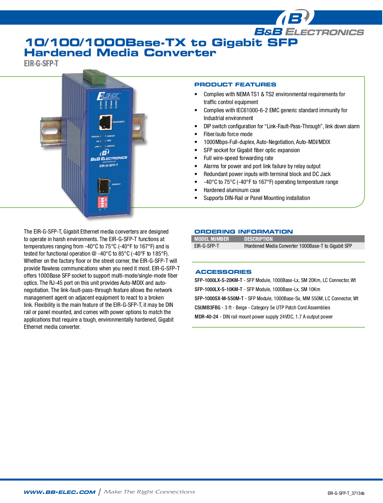 B&B Electronics EIR-G-SFP-T Datasheet