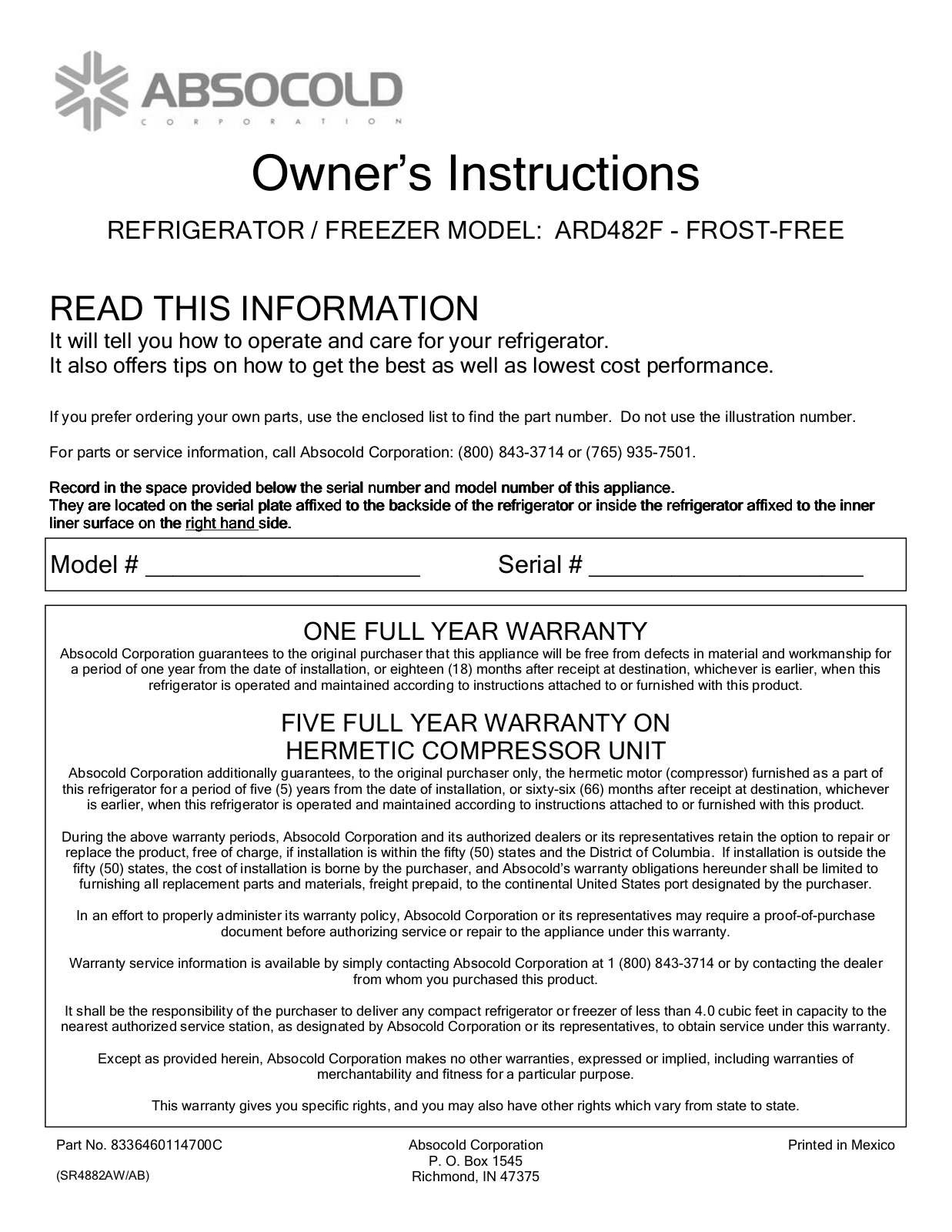 Absocold Corp ARD482F User Manual