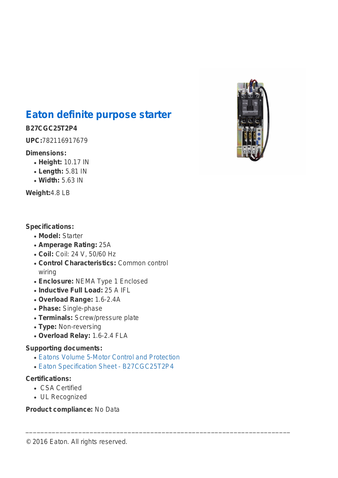 Cutler Hammer, Div of Eaton Corp B27CGC25T2P4 Specifications