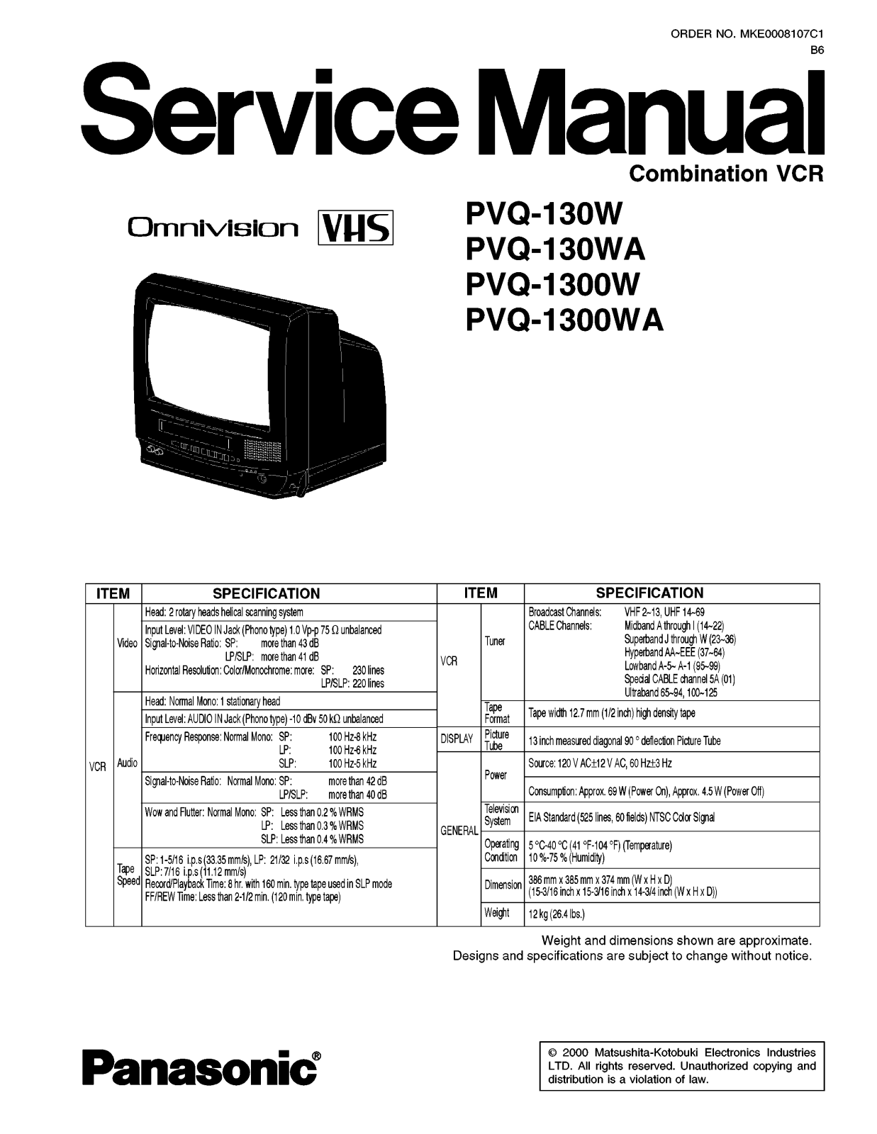Panasonic PVQ-130W, PVQ-130WA, PVQ-1300W, PVQ-1300WA Service Manual
