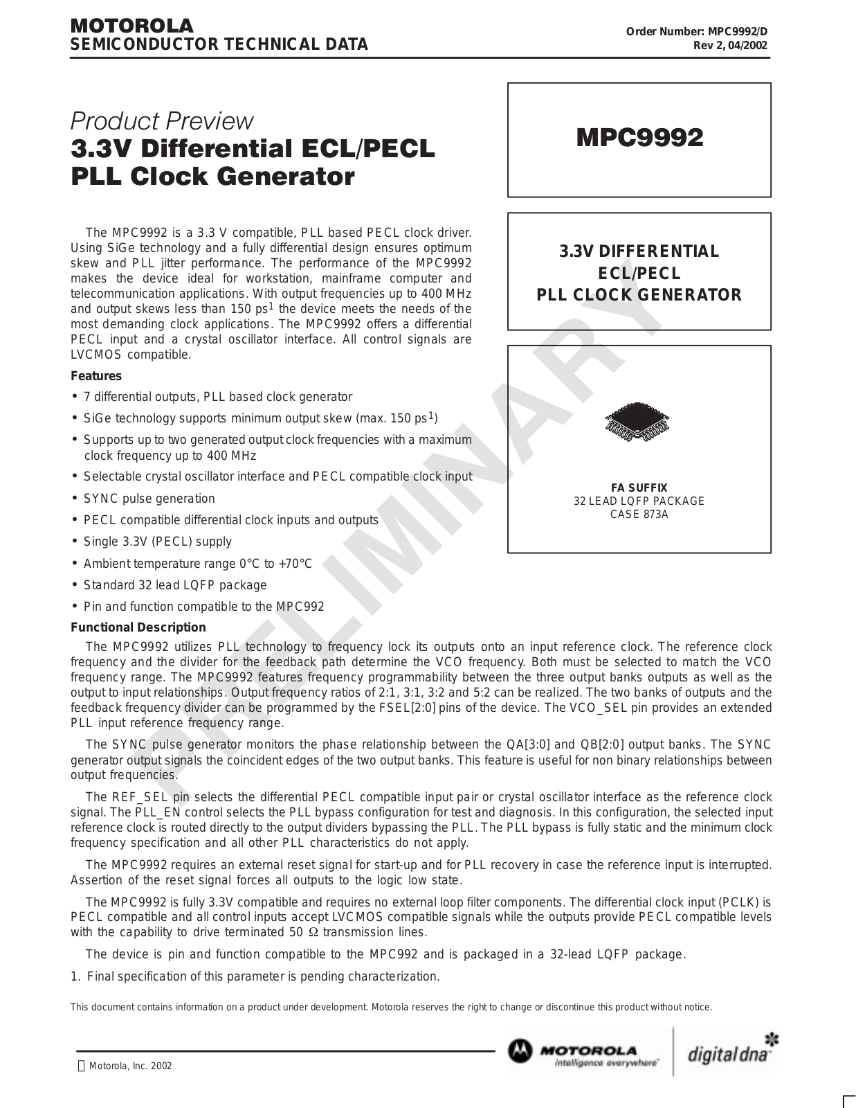 MOTOROLA MPC9992 Technical data