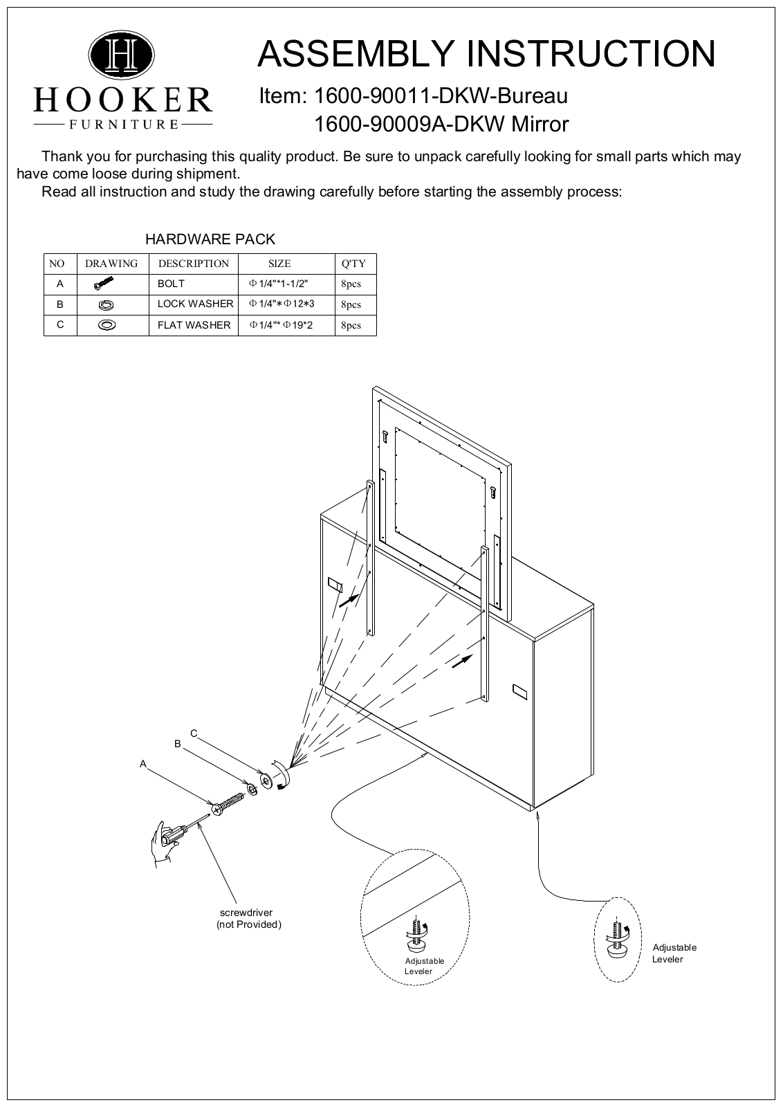 Hooker Furniture 160090009ADKW Assembly Guide