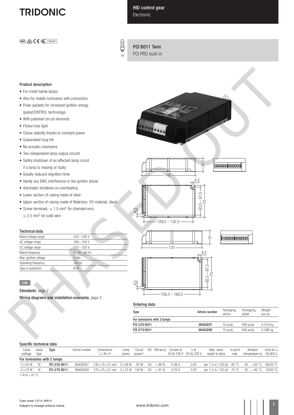 Tridonic PCI B011 Twin Series, PCI 2/35 B011, PCI 2/70 B011 Technical Data Manual