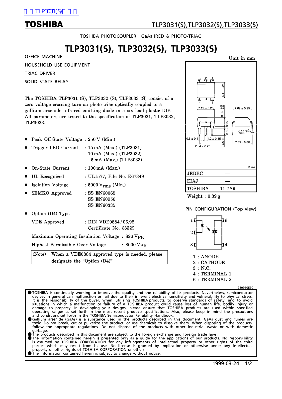 TOSHIBA TLP3031, TLP3032, TLP3033 Technical data