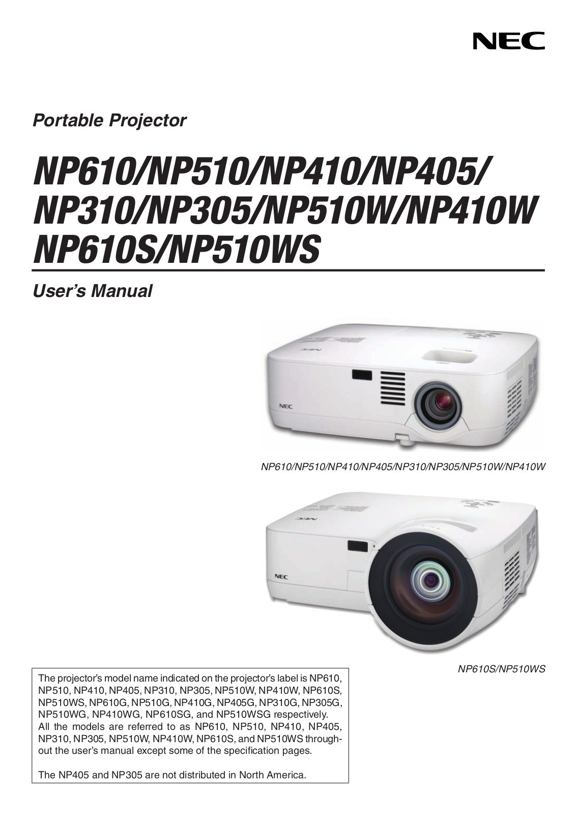 NEC NP305, NP310, NP405, NP410, NP510 Owner Manual