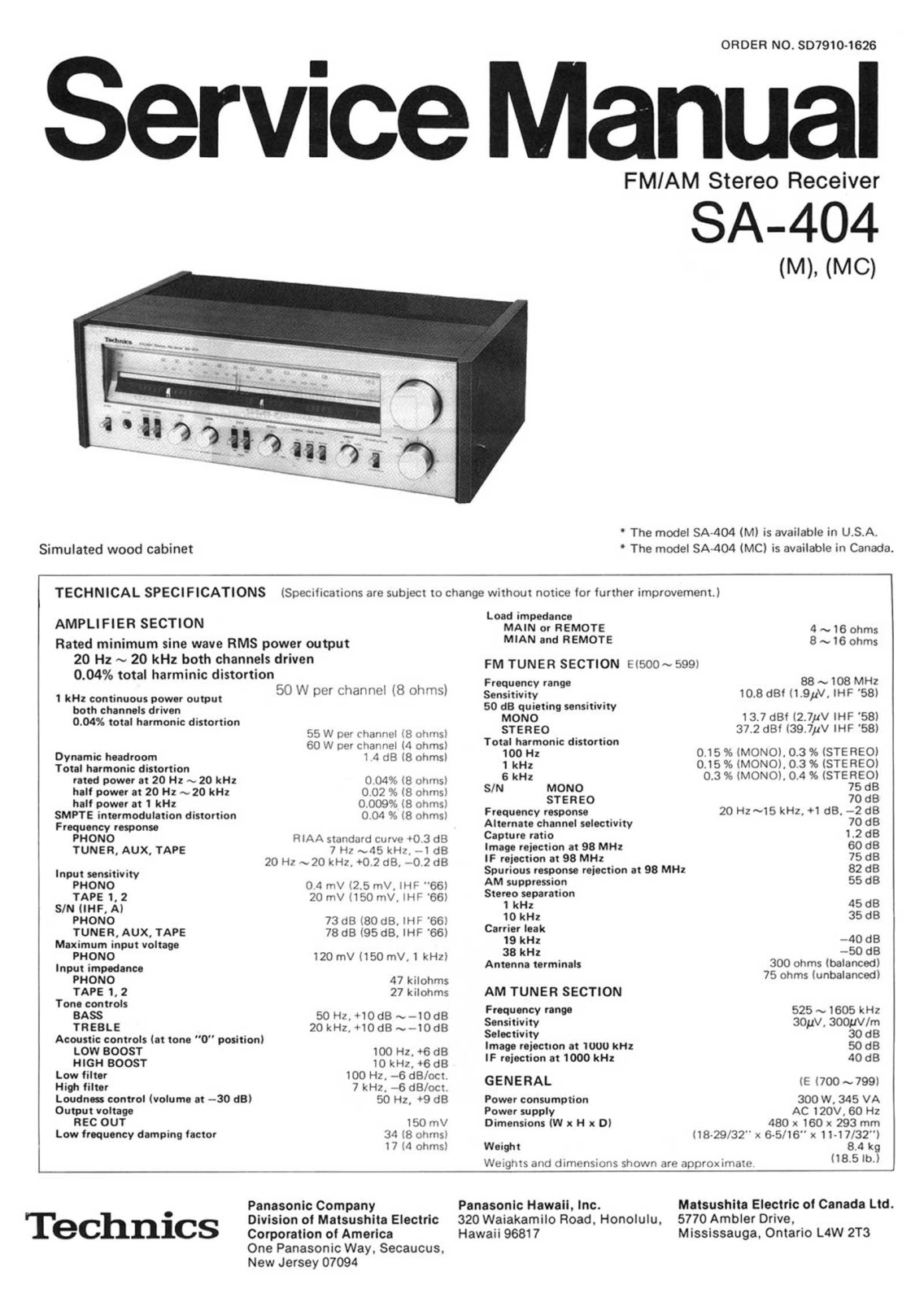 Technics SA-404 Service manual