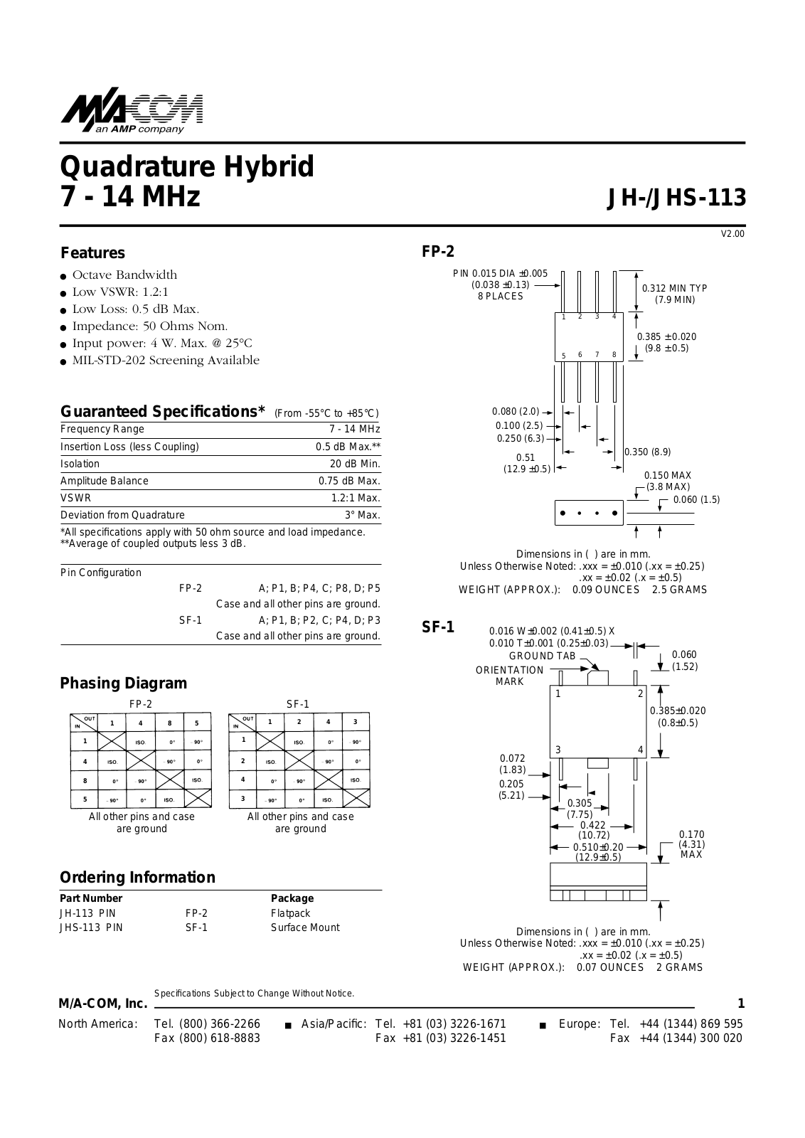 M A COM JH-113, JHS-113 Datasheet