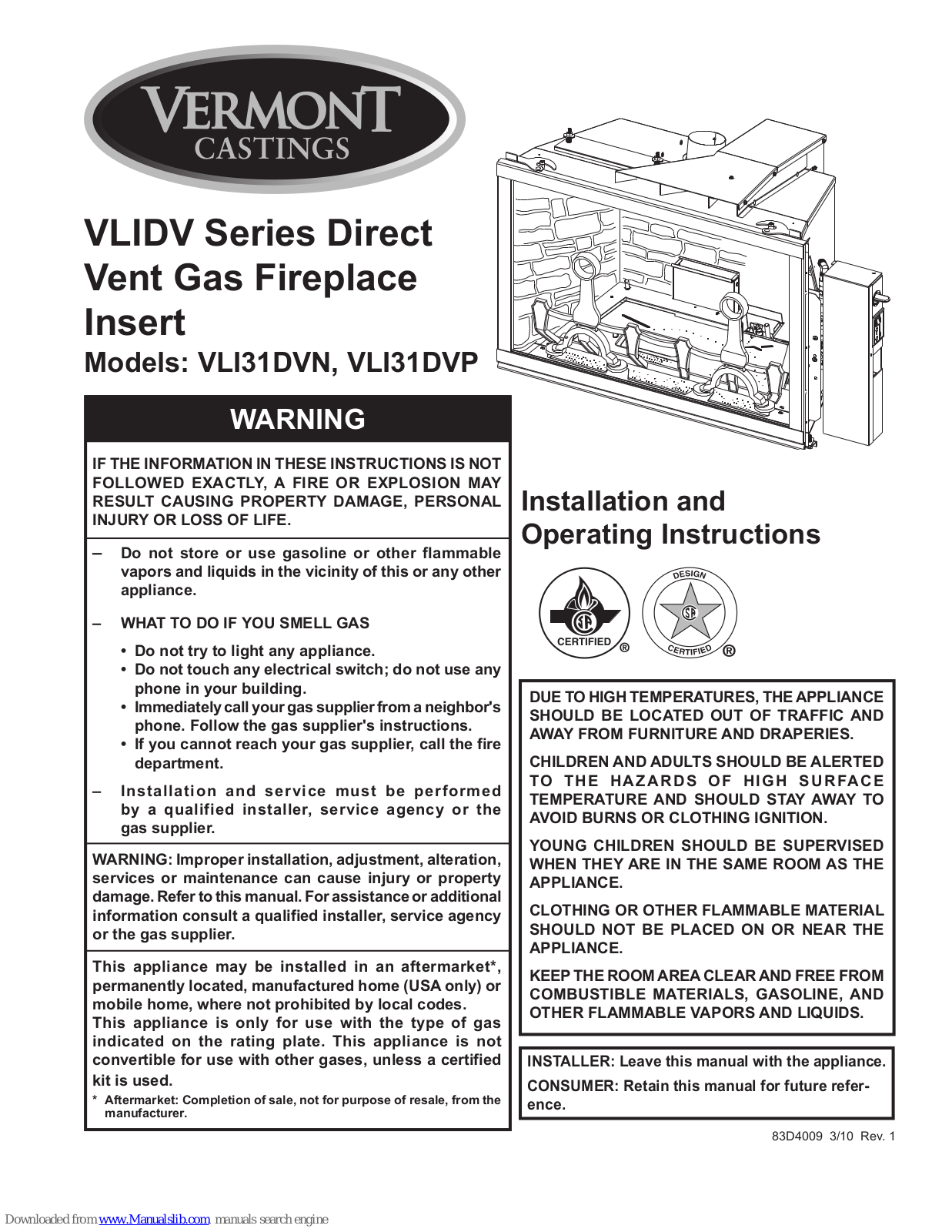 Vermont Castings VLI31DVN, VLI31DVP Installation And Operating Instructions Manual