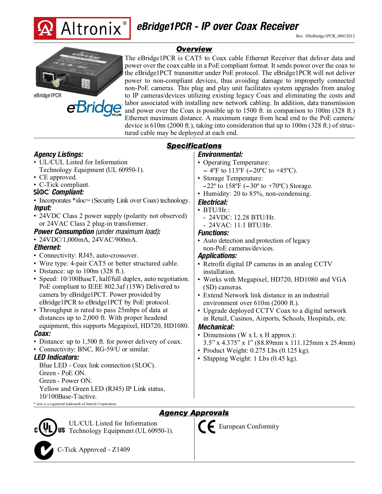 Altronix eBridge1PCR Specsheet