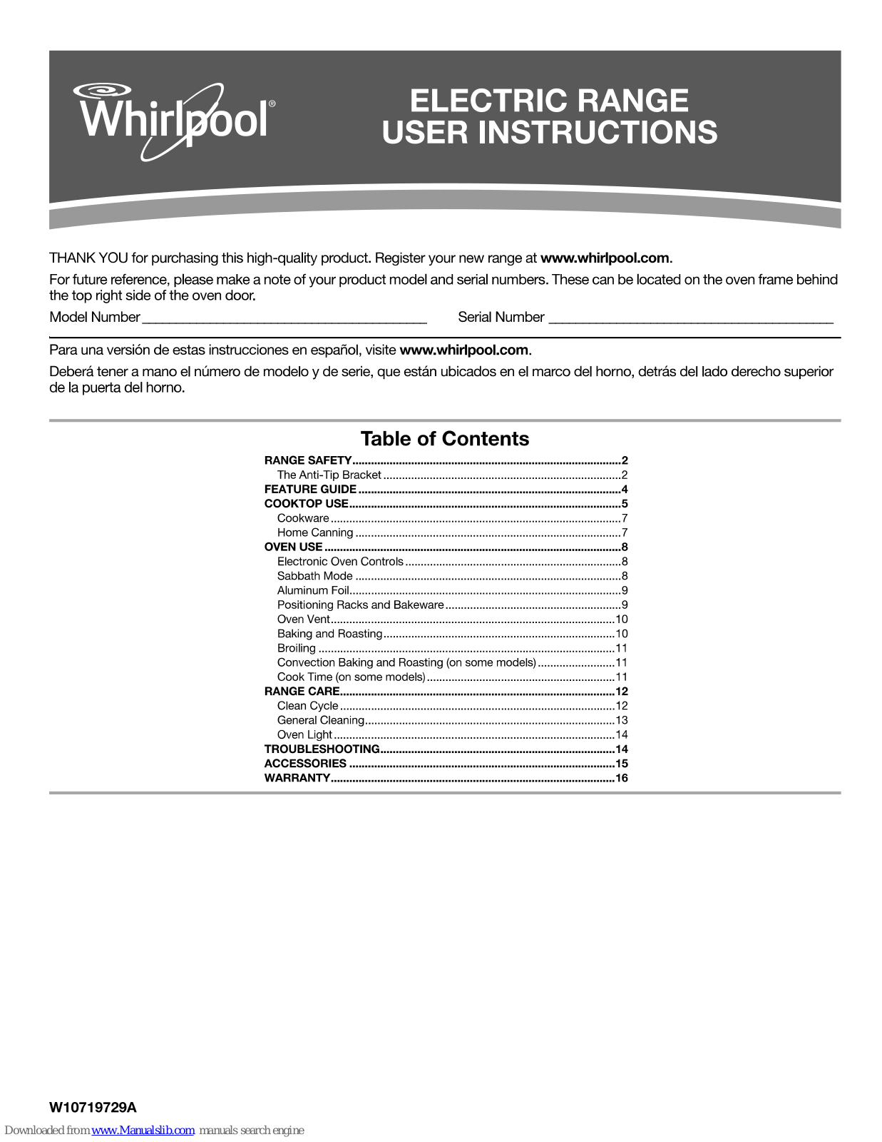 Whirlpool WFE530C0EW User Instruction