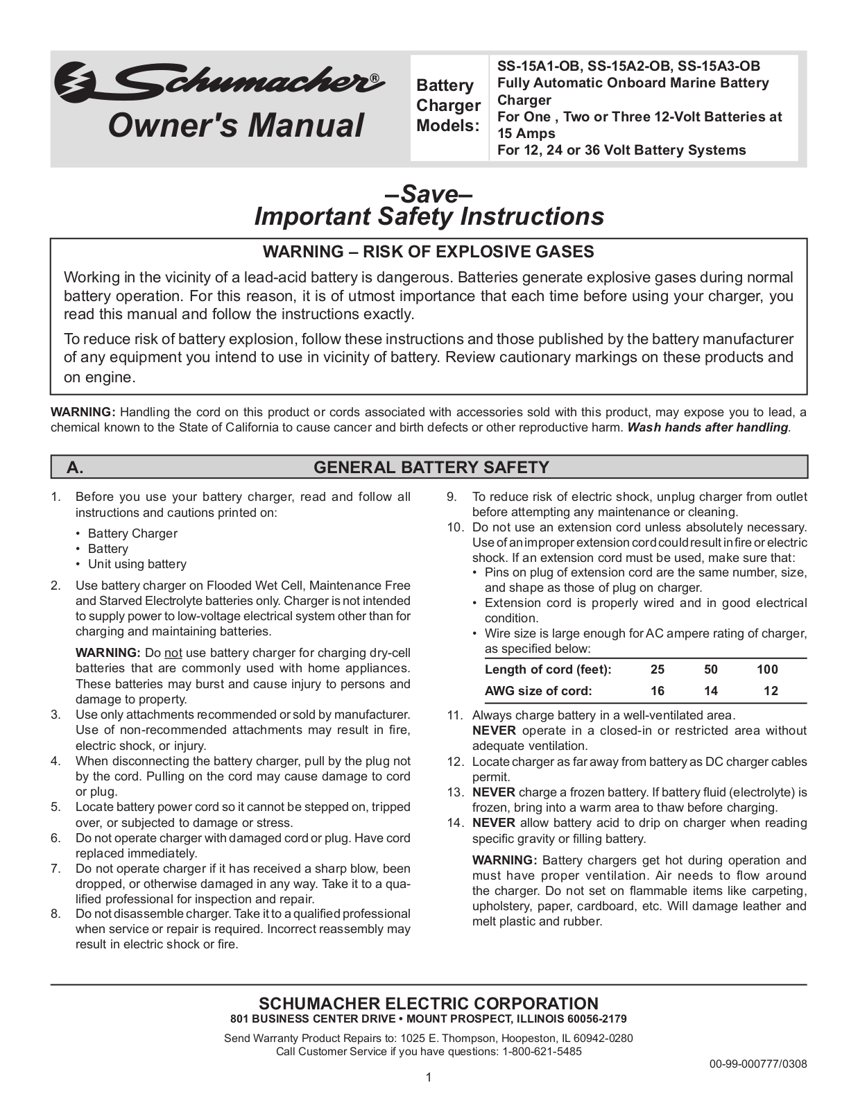 Schumacher SS-15A1-OB, SS-15A3-OB, SS-15A2-OB User Manual