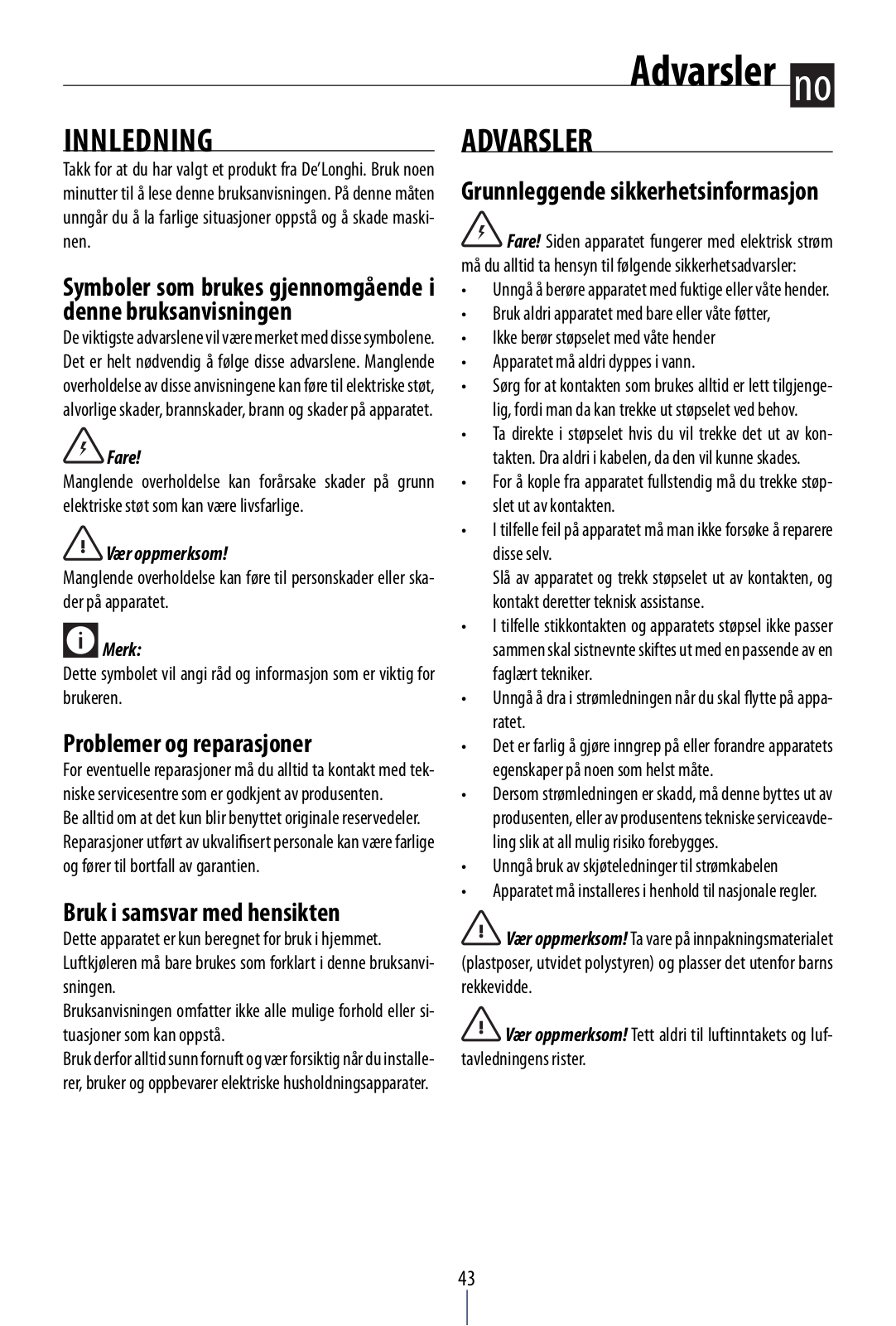 Delonghi AC75 Instruction manuals