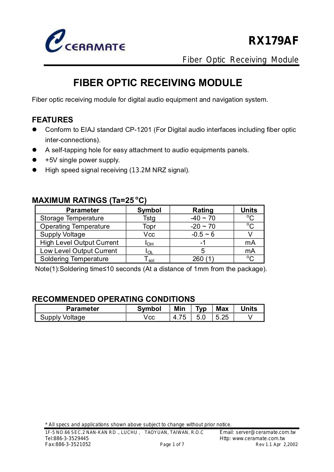 CERAMATE RX179AF Datasheet