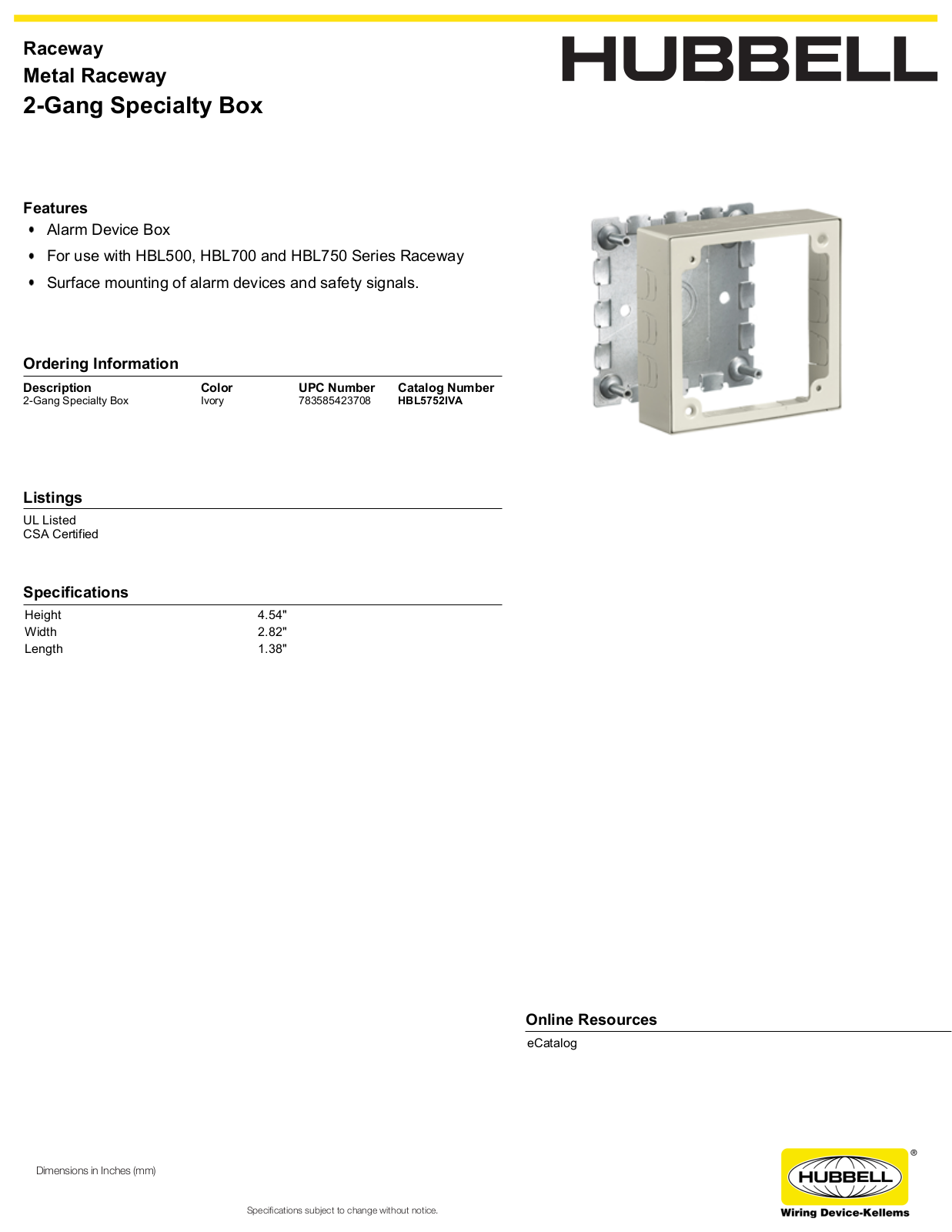 Hubbell HBL5752IVA Specifications