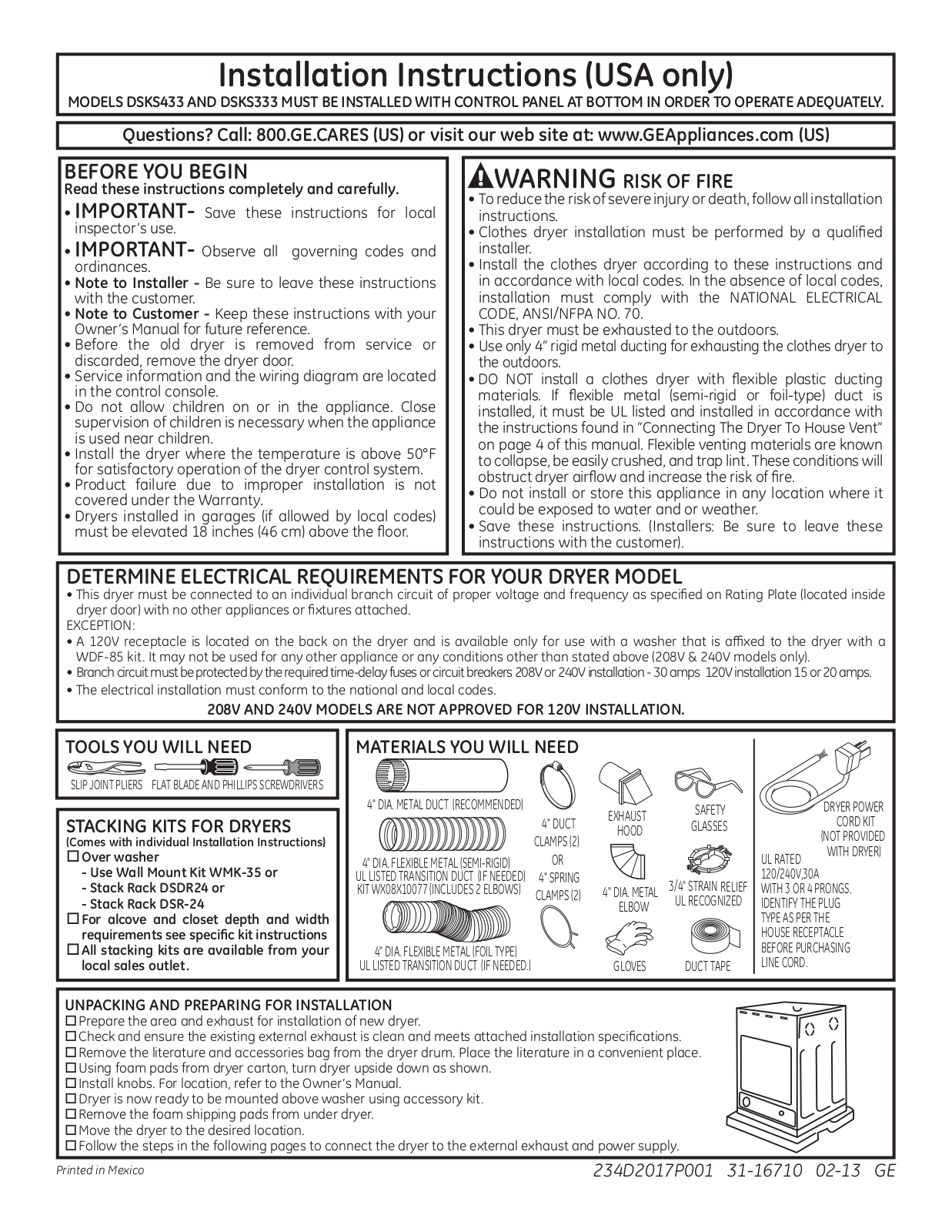 GE DSKS333ECWW User Manual