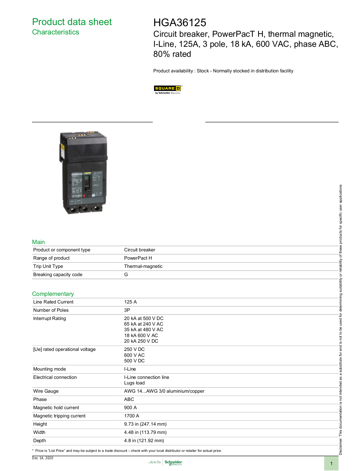 Square D HGA36125 Data Sheet