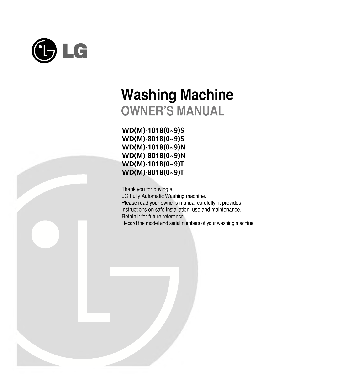 LG WD-80187N, WD-80185N, WD-80180N User Manual