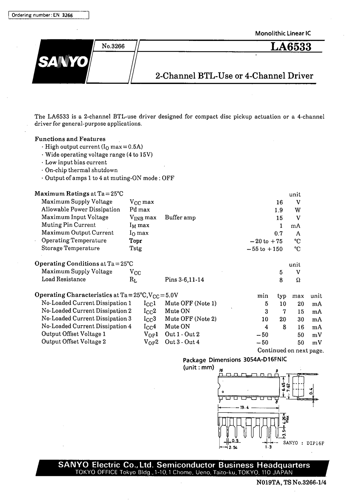 SANYO LA6533 Datasheet